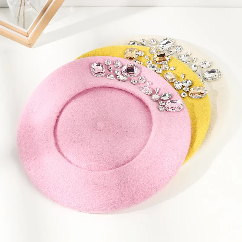 French Beret Thick Rhinestone  - Beret French Wool ulasan dan harga