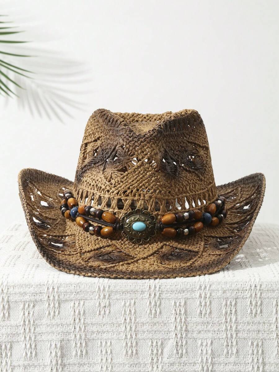 1Pcs Unisex Bead Decor Dyeing  - Cowboy Hat Straw ulasan dan harga