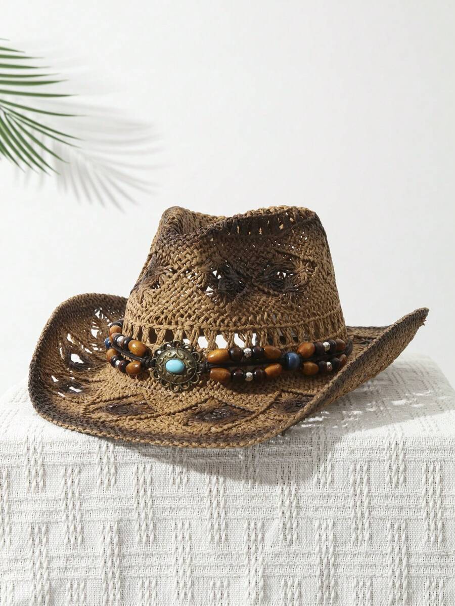 1Pcs Unisex Bead Decor Dyeing  - Cowboy Hat Straw ulasan dan harga